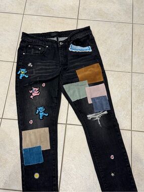 AMIRI Black Slim Straight Jeans with Colorful Patchwork